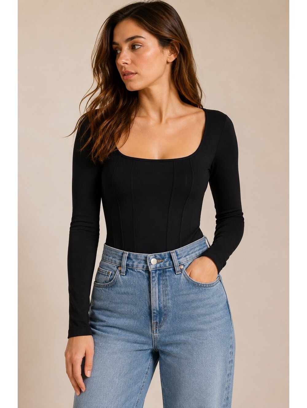 Missguided Black Long Sleeve Bodysuit US 12 Square Neck